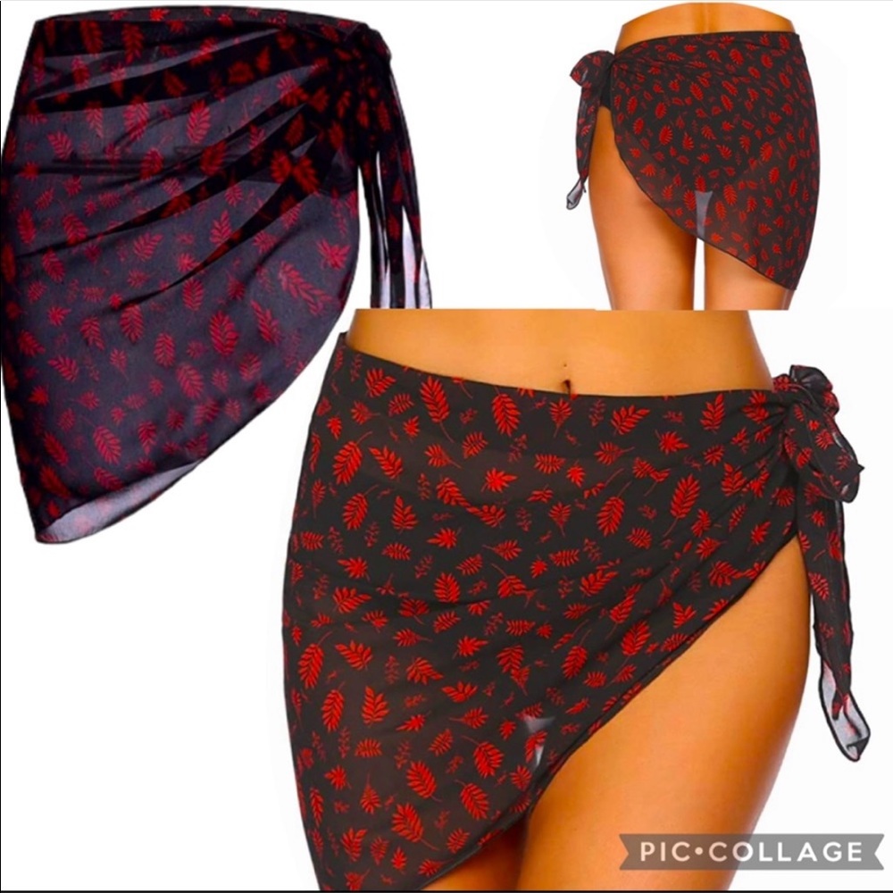 Semi-Sheer Leaf Print Chiffon Sarong Swimsuit Coverup, Size XXL